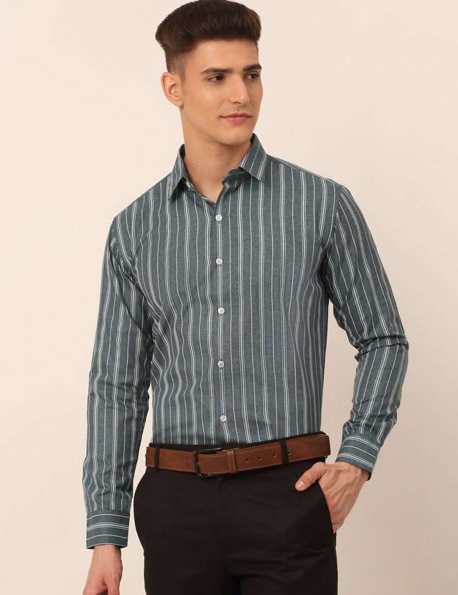 Men Grey & White Classic Striped Formal Shirt - SF_825Grey_S