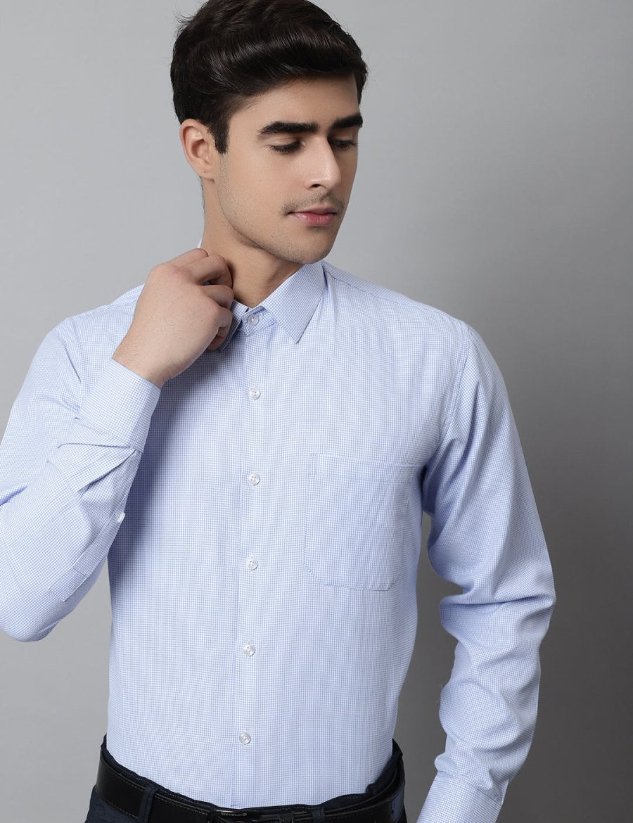 Men Light Blue Checks Pure Cotton Formal Shirt - SF_849Firozi_S