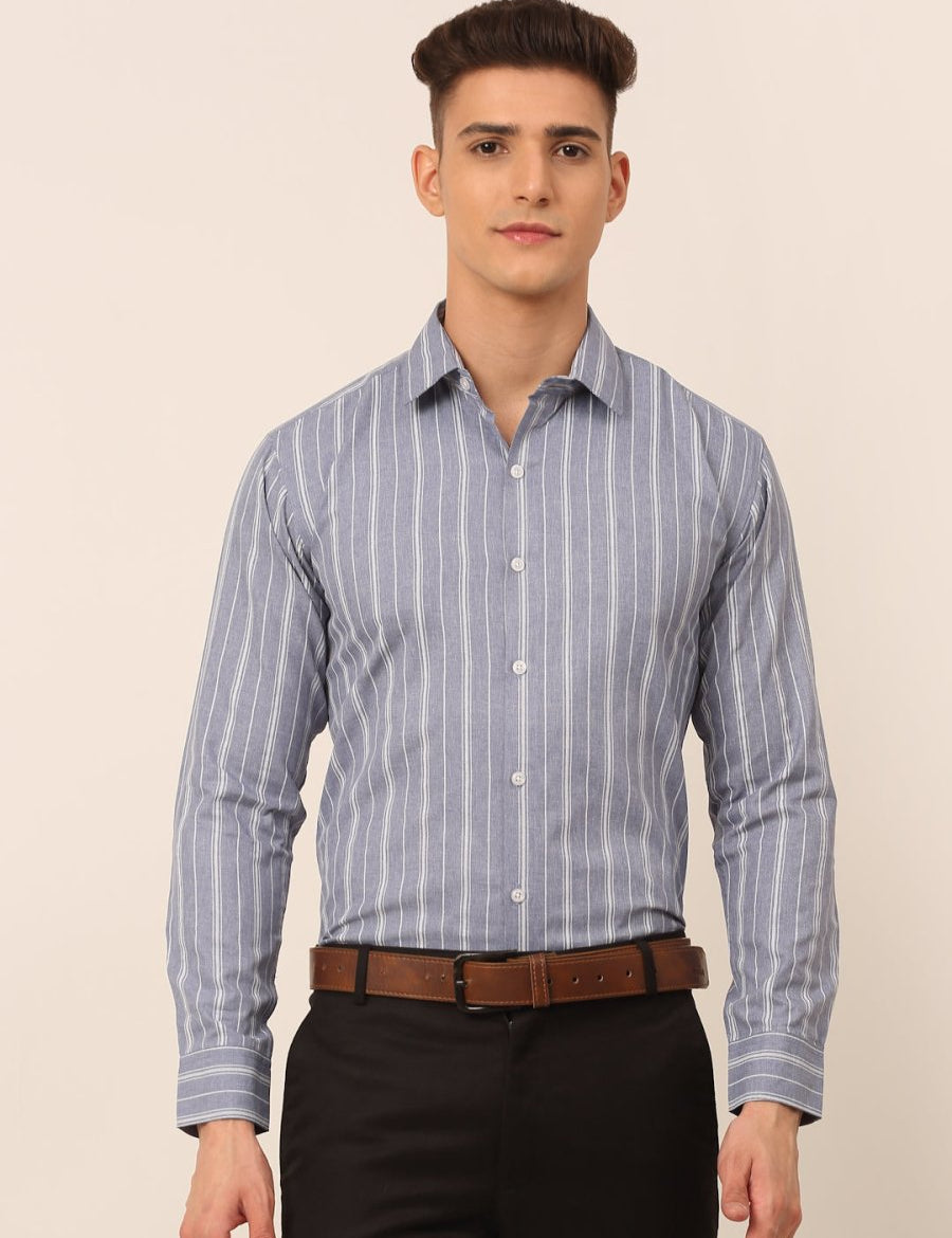 Men Light Grey & White Classic Striped Formal Shirt - SF_825Light-Grey_S