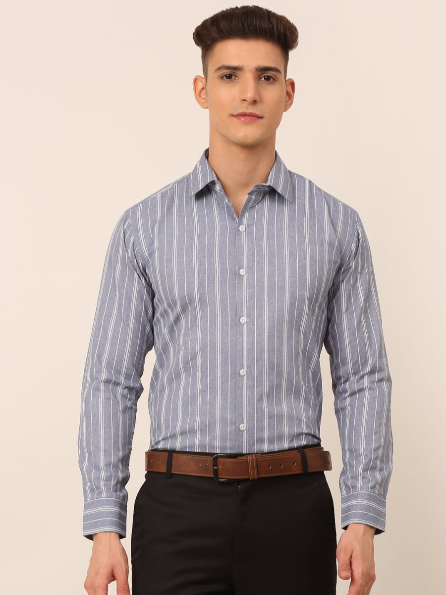 Men Light Grey & White Classic Striped Formal Shirt - SF_825Light-Grey_S