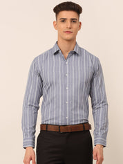 Men Light Grey & White Classic Striped Formal Shirt - SF_825Light-Grey_S