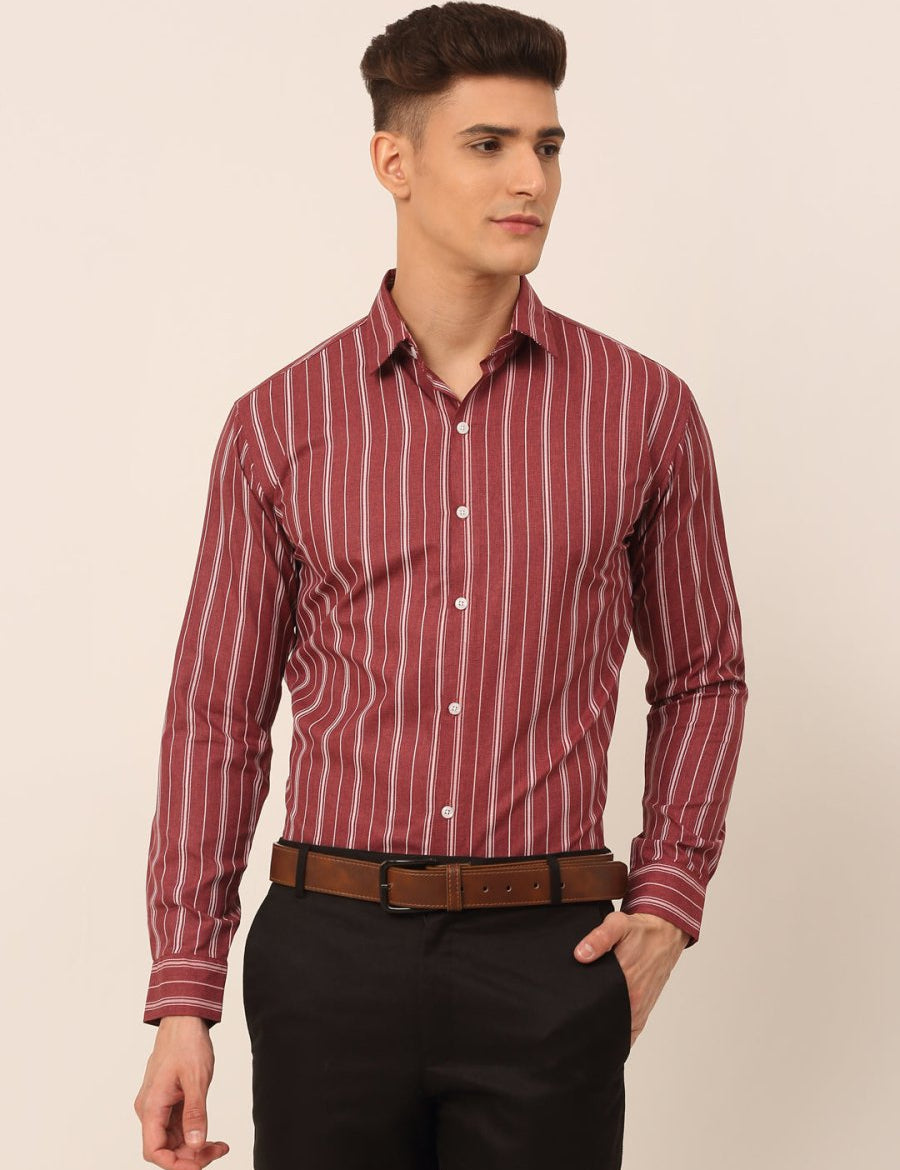 Men Maroon & White Classic Striped Formal Shirt - SF_825Maroon_S