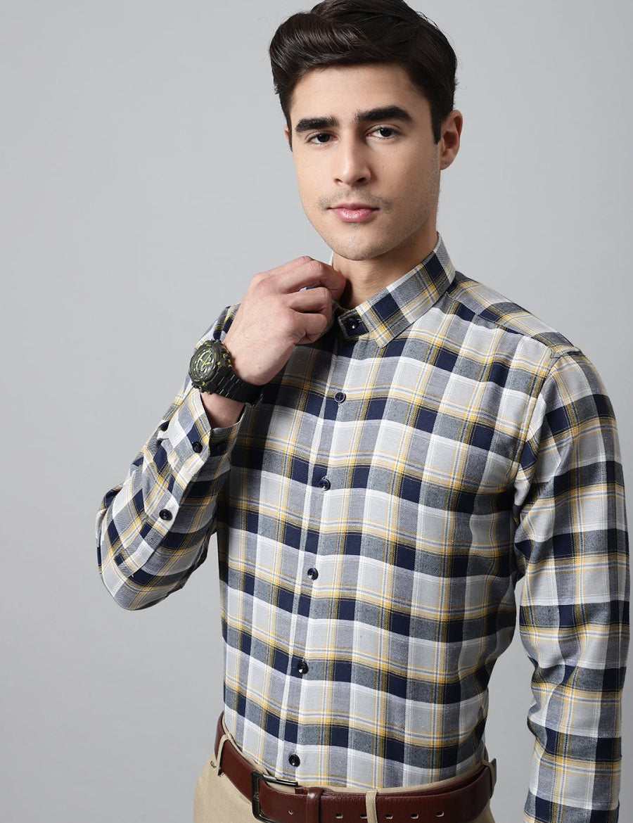 Men Navy Blue and Grey Checks Regular Fit Cotton Formal Shirt - SF_854Navy_S