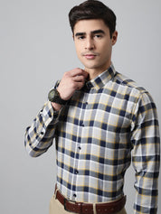 Men Navy Blue and Grey Checks Regular Fit Cotton Formal Shirt - SF_854Navy_S