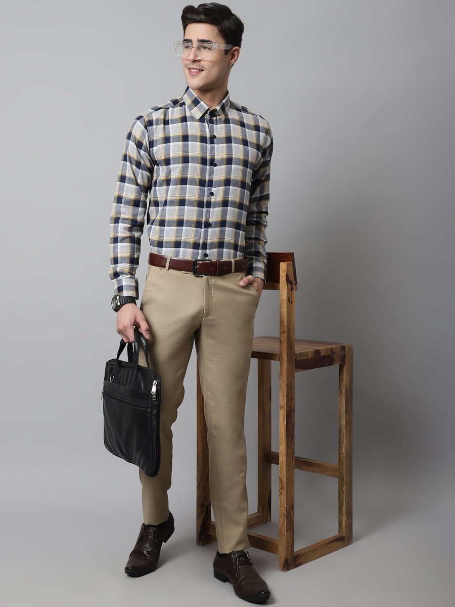Men Navy Blue and Grey Checks Regular Fit Cotton Formal Shirt - SF_854Navy_S