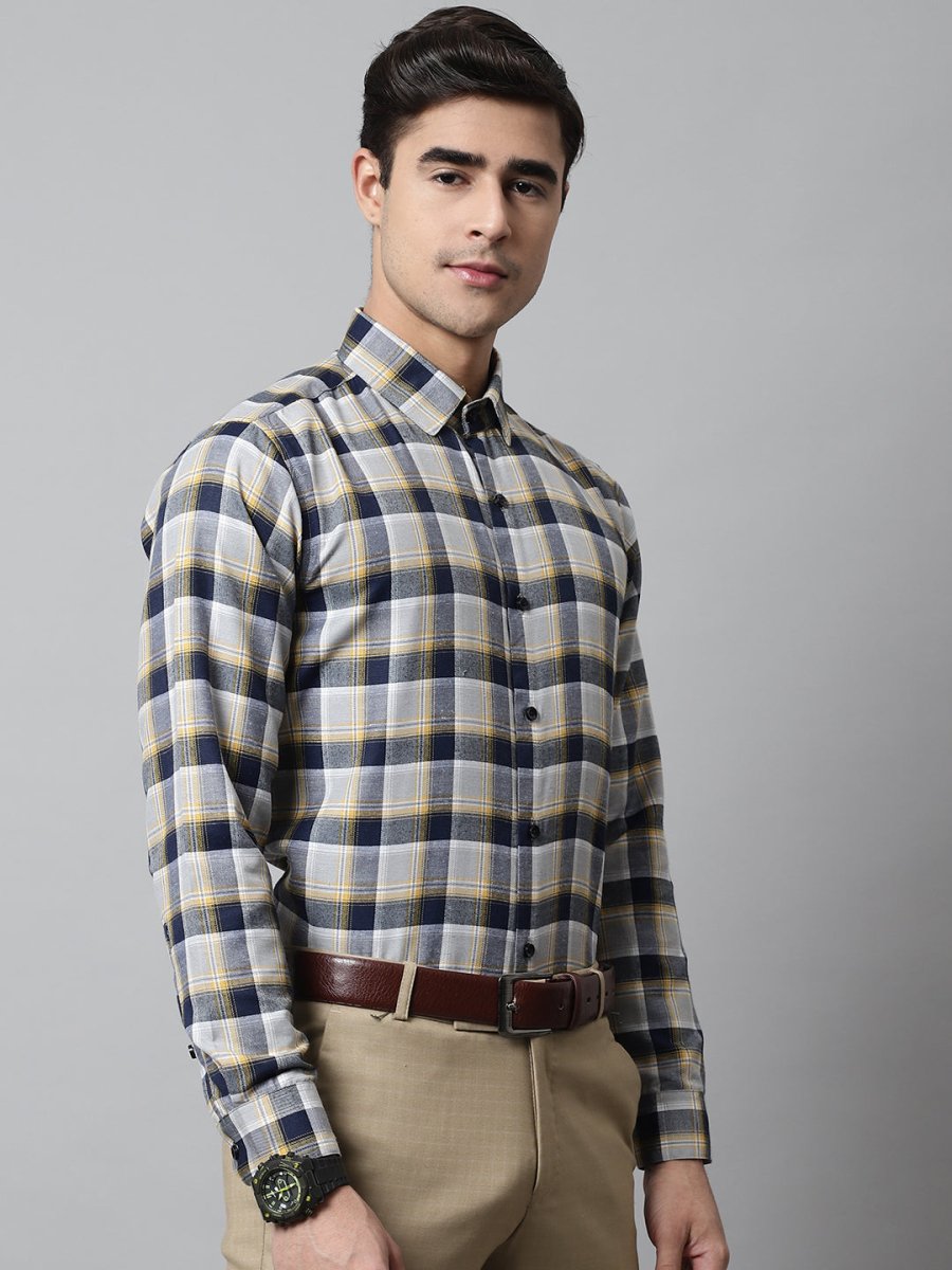 Men Navy Blue and Grey Checks Regular Fit Cotton Formal Shirt - SF_854Navy_S