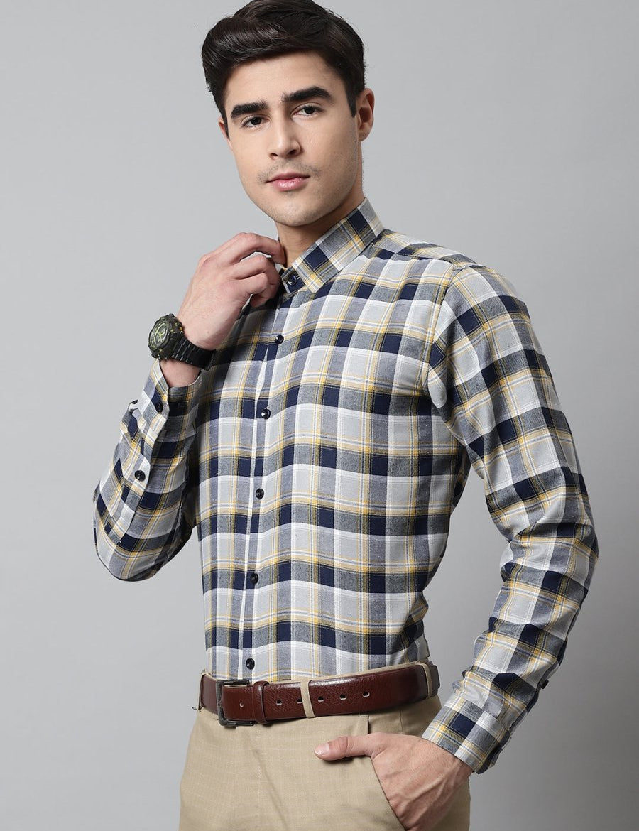 Men Navy Blue and Grey Checks Regular Fit Cotton Formal Shirt - SF_854Navy_S