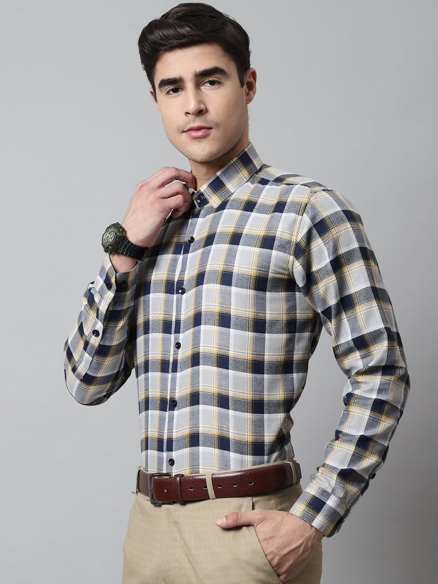 Men Navy Blue and Grey Checks Regular Fit Cotton Formal Shirt - SF_854Navy_S