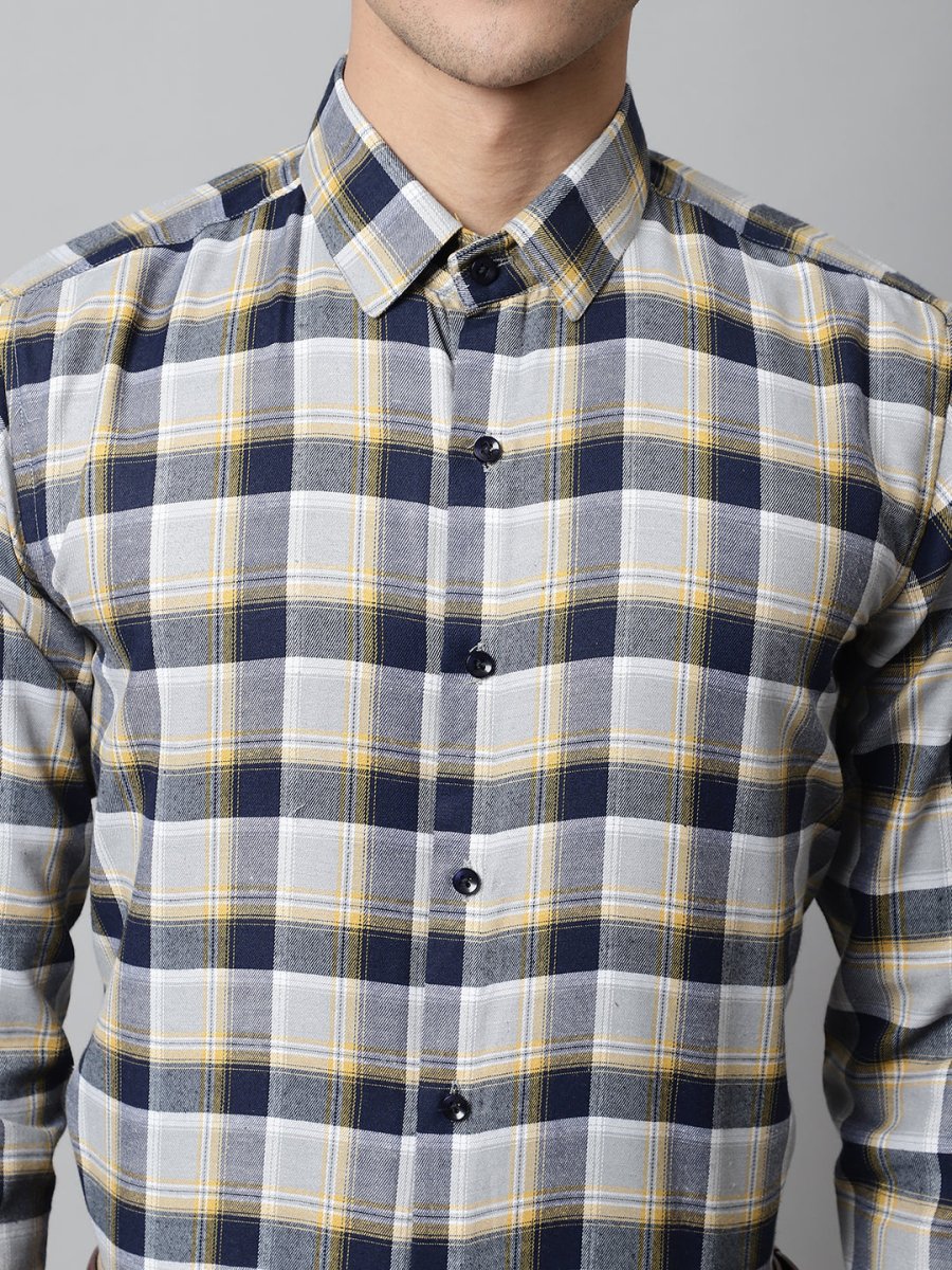 Men Navy Blue and Grey Checks Regular Fit Cotton Formal Shirt - SF_854Navy_S