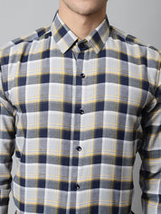 Men Navy Blue and Grey Checks Regular Fit Cotton Formal Shirt - SF_854Navy_S