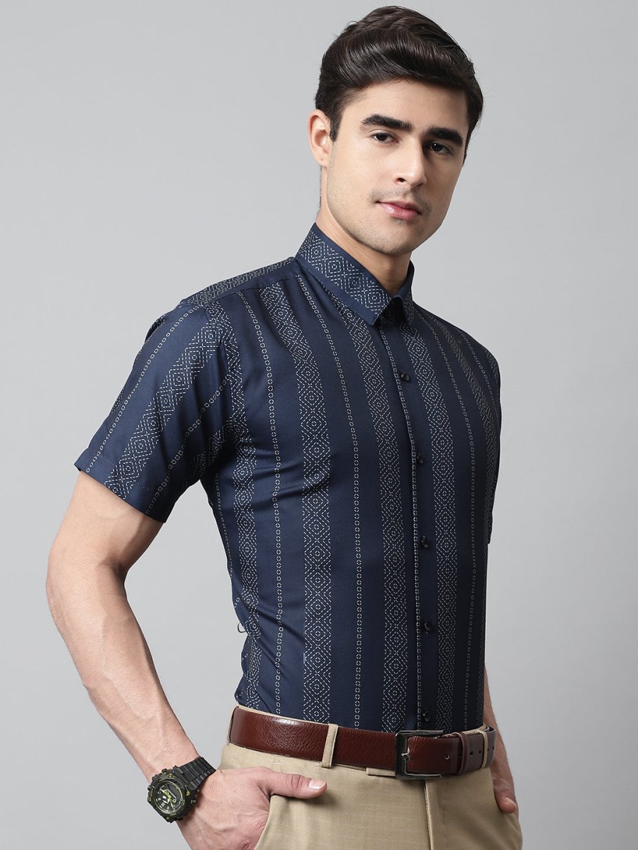 Men Navy Blue Classic Printed Formal Shirt - SF_861Navy_S
