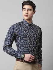 Men Navy Blue Classic Printed Formal Shirt - SF_863Navy_S