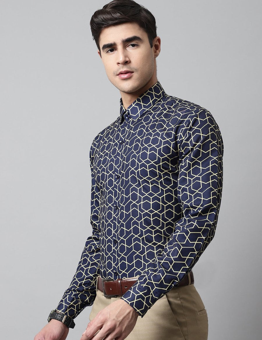 Men Navy Blue Classic Printed Formal Shirt - SF_863Navy_S