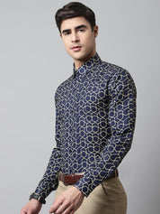 Men Navy Blue Classic Printed Formal Shirt - SF_863Navy_S