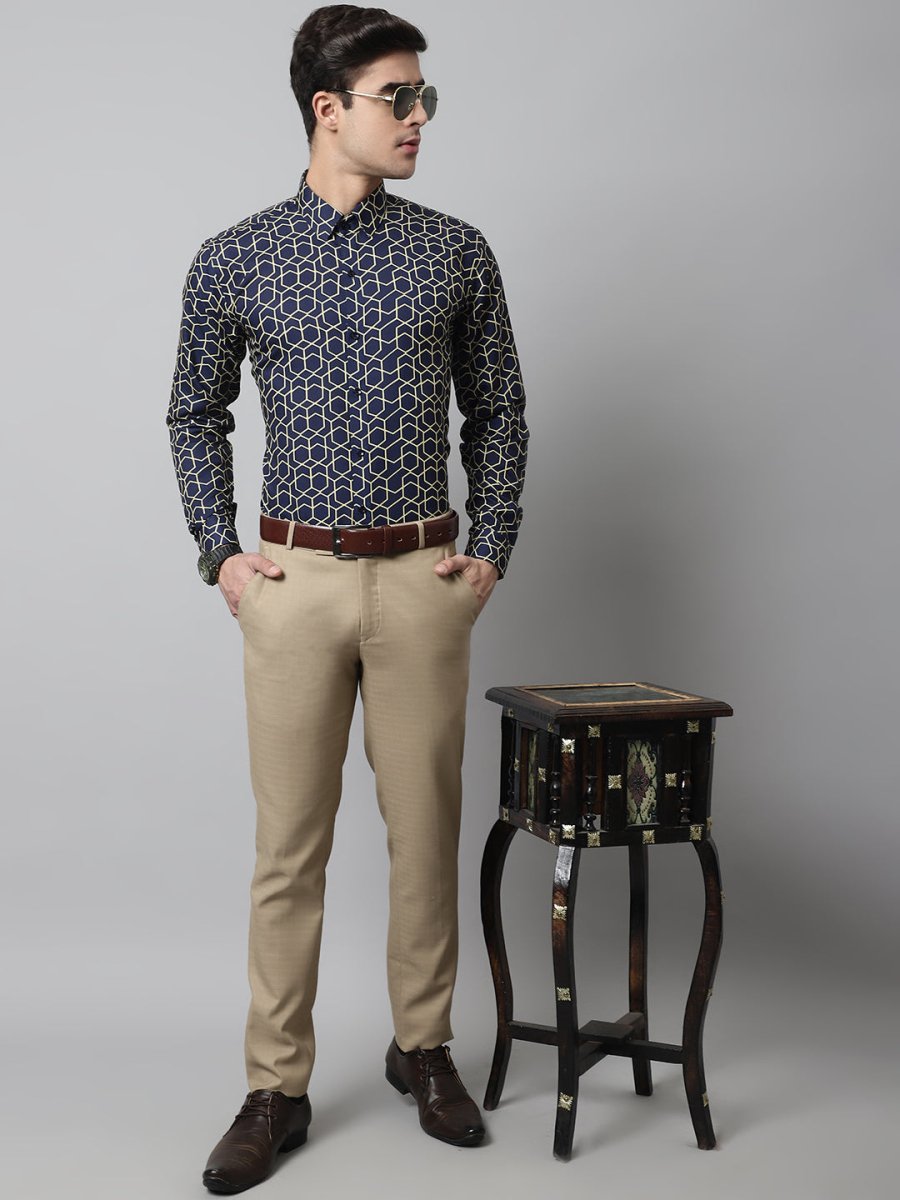 Men Navy Blue Classic Printed Formal Shirt - SF_863Navy_S