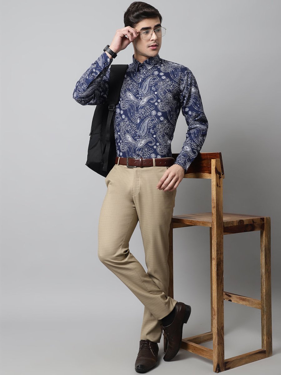 Men Navy Blue Classic Printed Formal Shirt - SF_860Navy_S