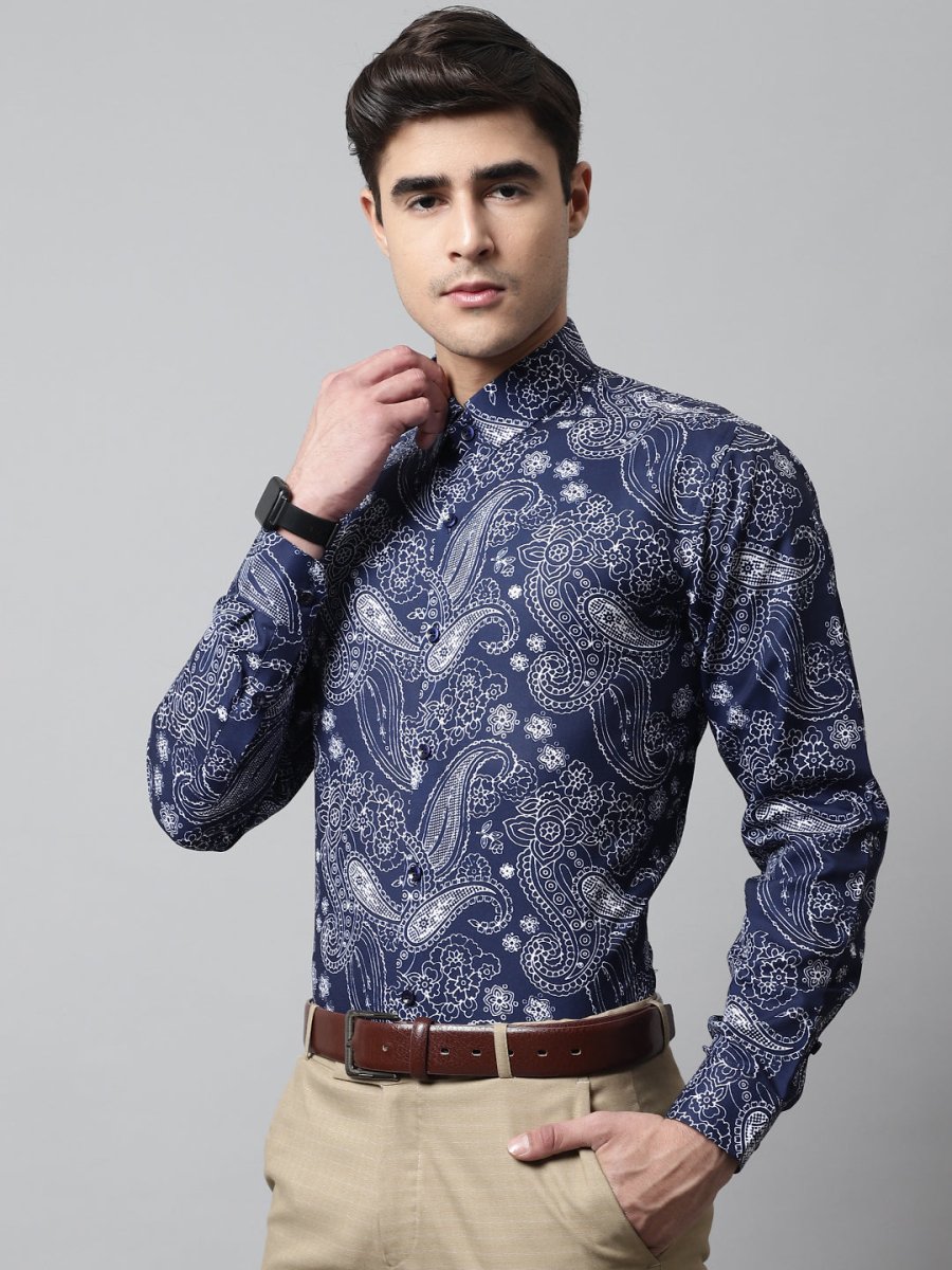 Men Navy Blue Classic Printed Formal Shirt - SF_860Navy_S
