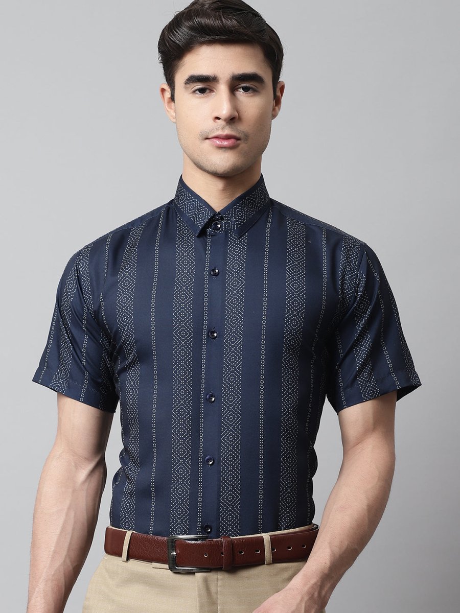 Men Navy Blue Classic Printed Formal Shirt - SF_861Navy_S