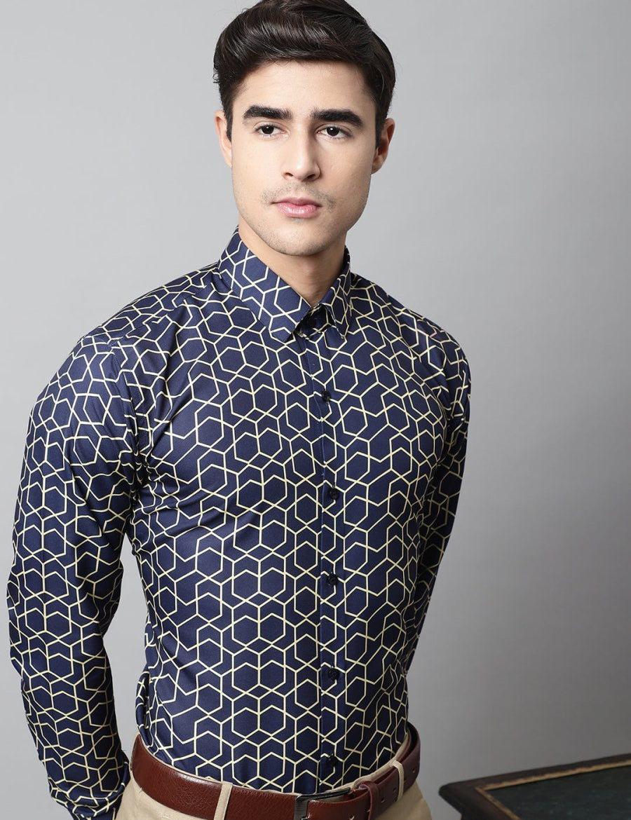 Men Navy Blue Classic Printed Formal Shirt - SF_863Navy_S