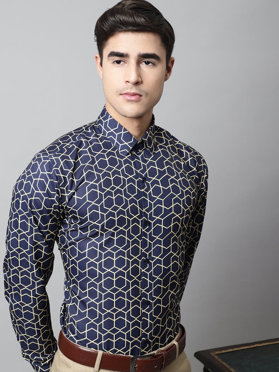 Men Navy Blue Classic Printed Formal Shirt - SF_863Navy_S