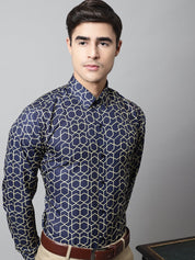 Men Navy Blue Classic Printed Formal Shirt - SF_863Navy_S