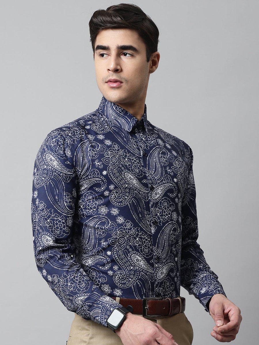 Men Navy Blue Classic Printed Formal Shirt - SF_860Navy_S