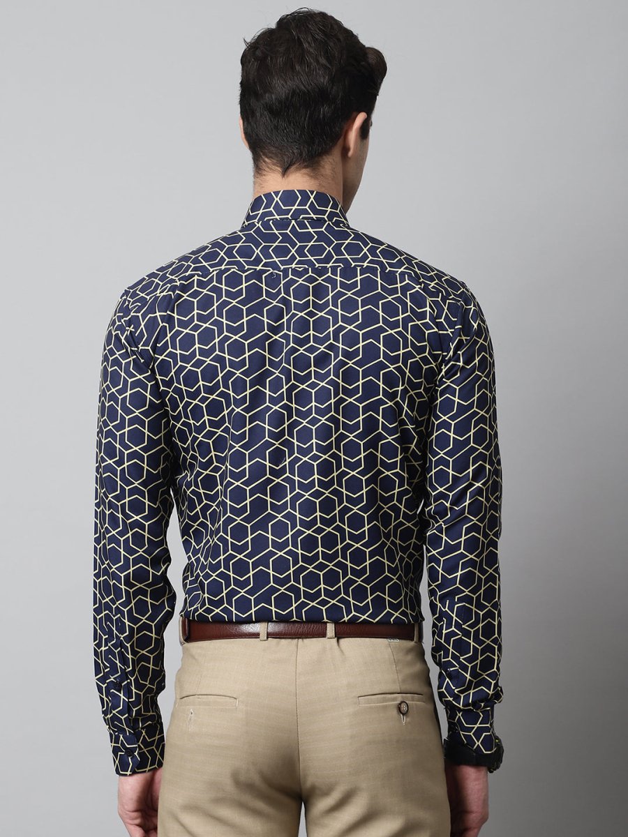 Men Navy Blue Classic Printed Formal Shirt - SF_863Navy_S