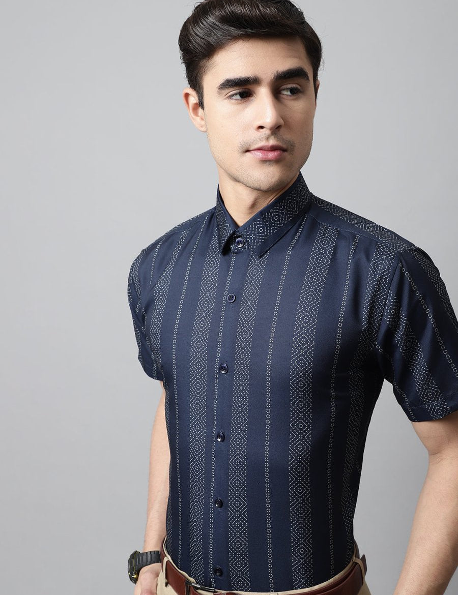 Men Navy Blue Classic Printed Formal Shirt - SF_861Navy_S