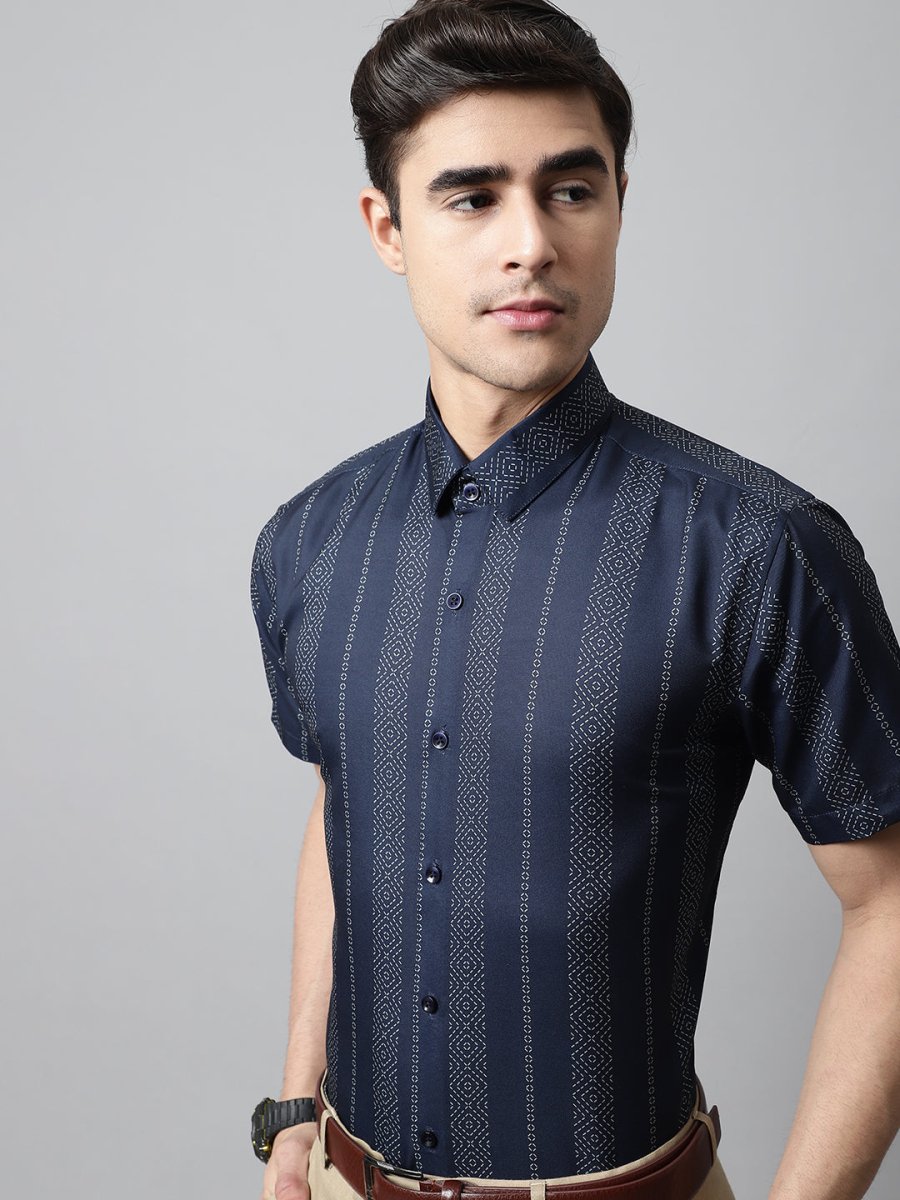 Men Navy Blue Classic Printed Formal Shirt - SF_861Navy_S