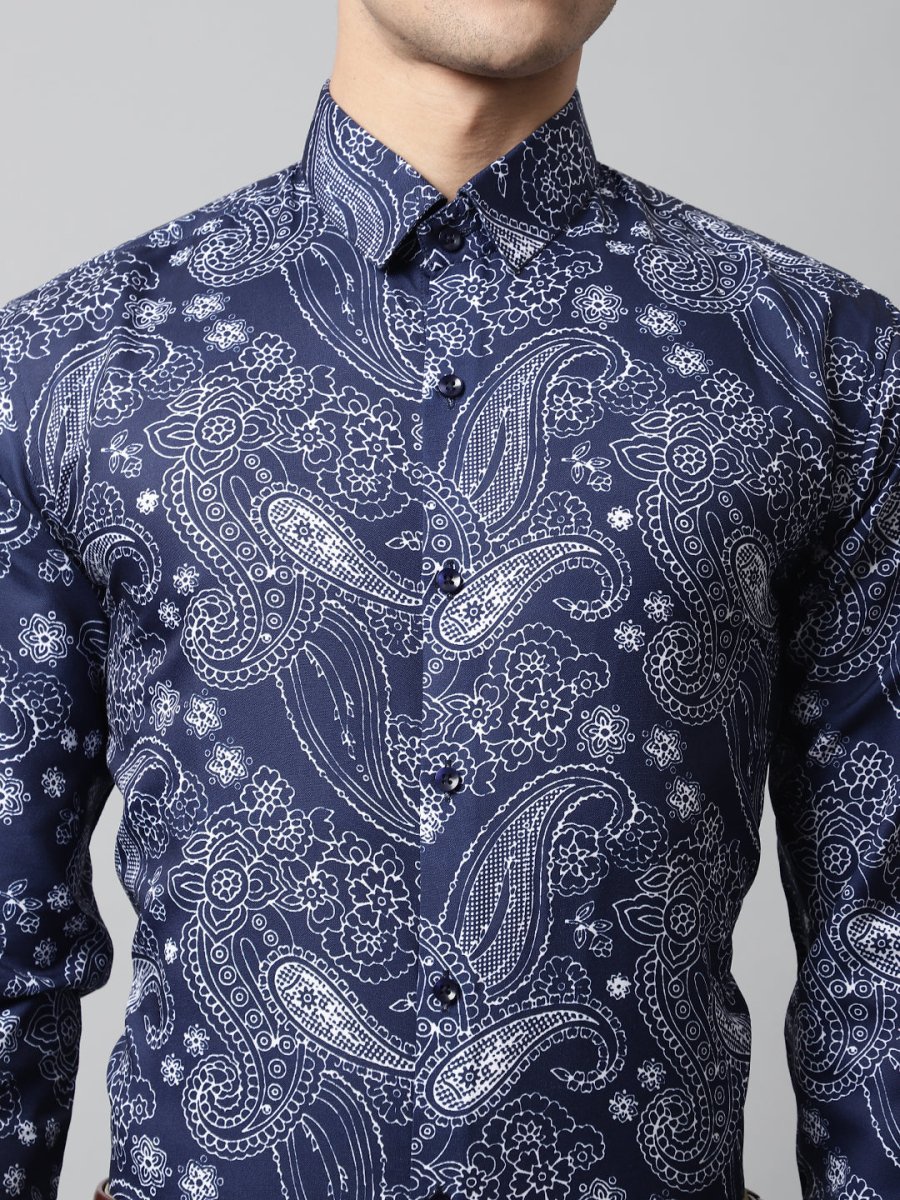Men Navy Blue Classic Printed Formal Shirt - SF_860Navy_S