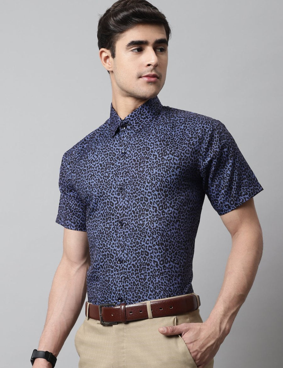 Men Navy Blue Classic Printed Formal Shirt - SF_862Navy_S