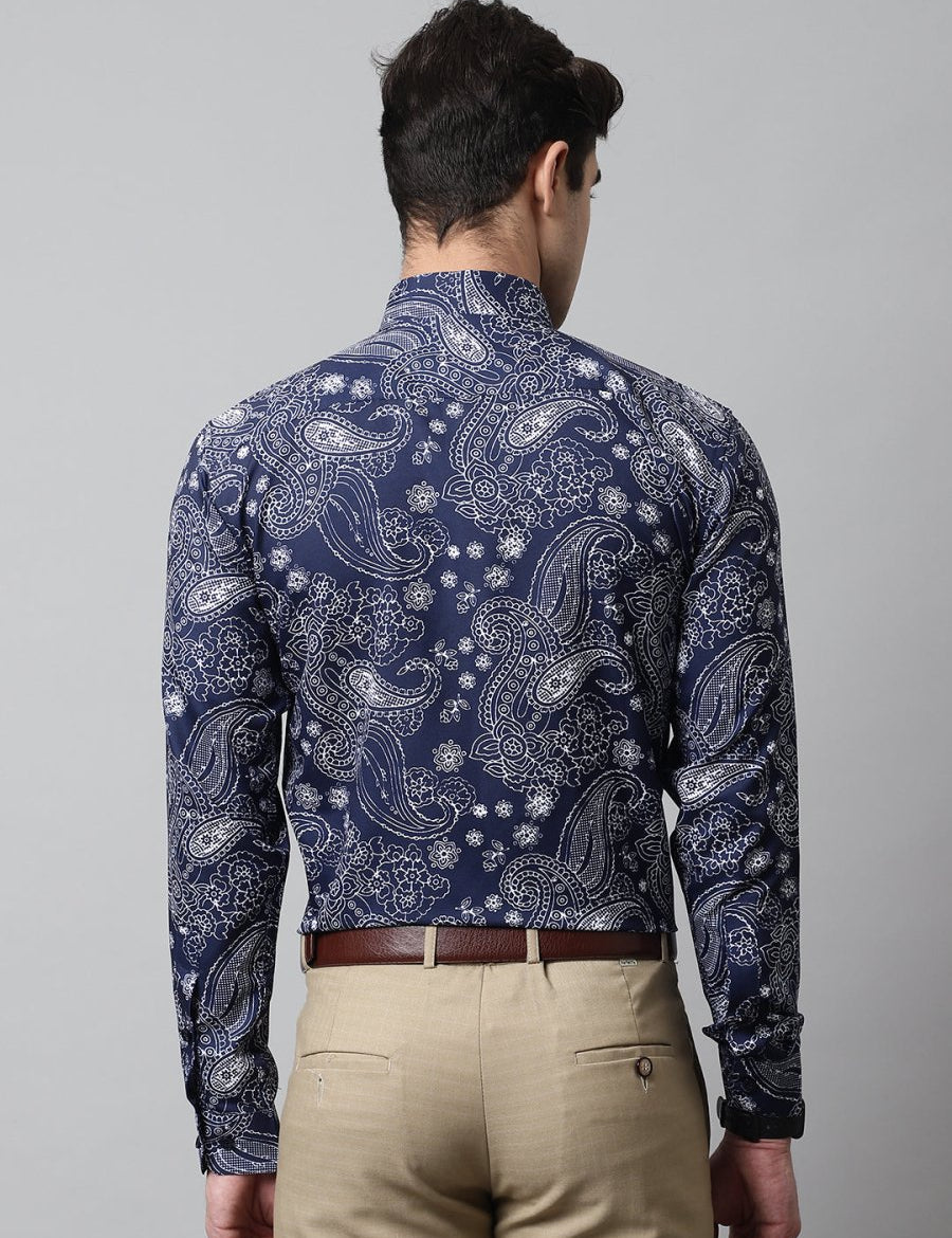 Men Navy Blue Classic Printed Formal Shirt - SF_860Navy_S