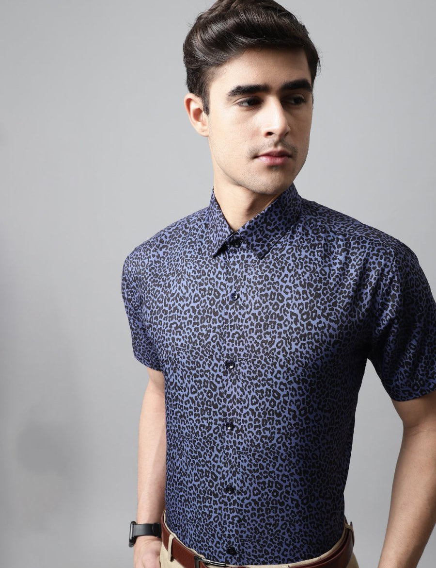 Men Navy Blue Classic Printed Formal Shirt - SF_862Navy_S