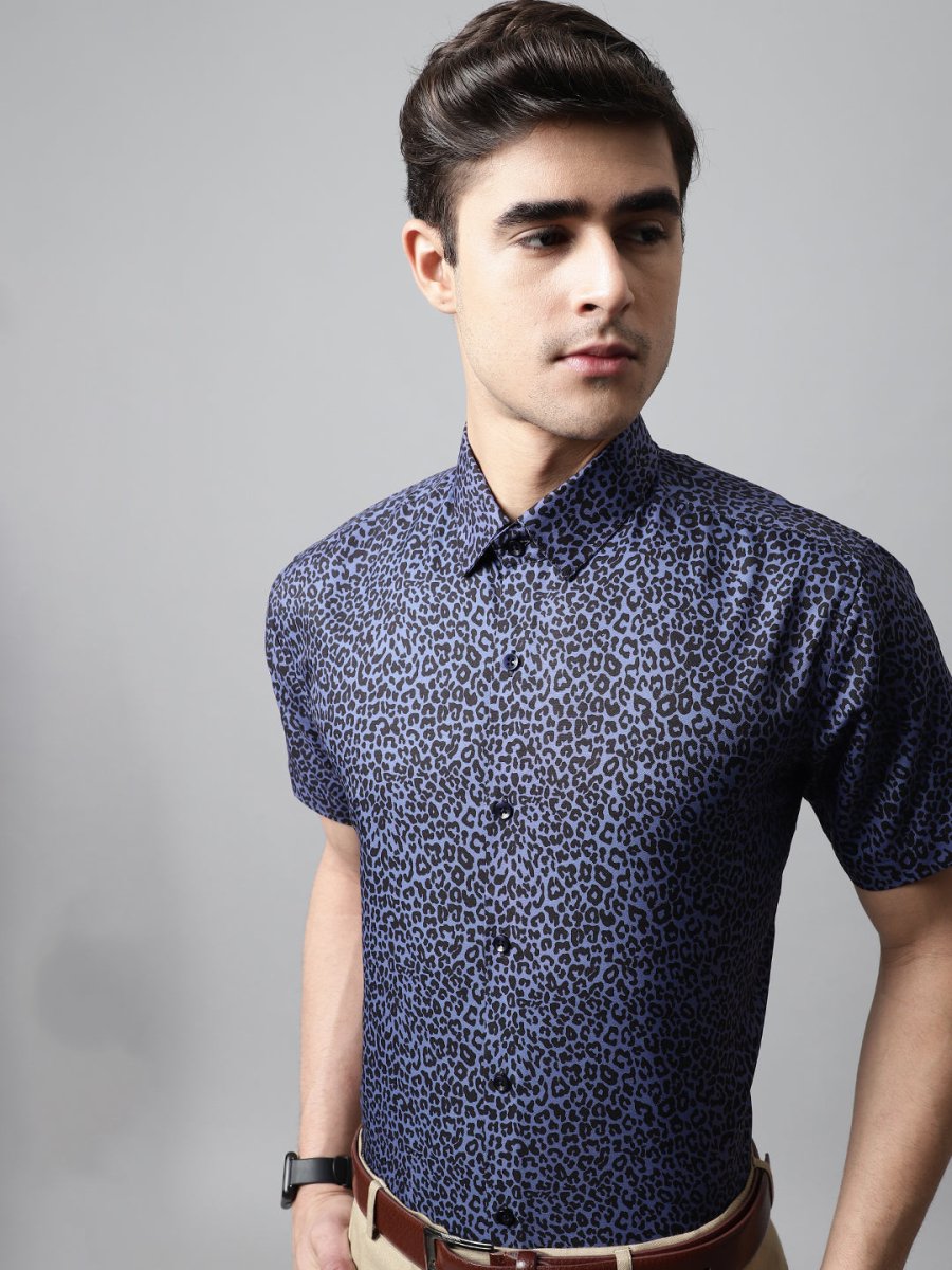 Men Navy Blue Classic Printed Formal Shirt - SF_862Navy_S