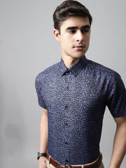 Men Navy Blue Classic Printed Formal Shirt - SF_862Navy_S