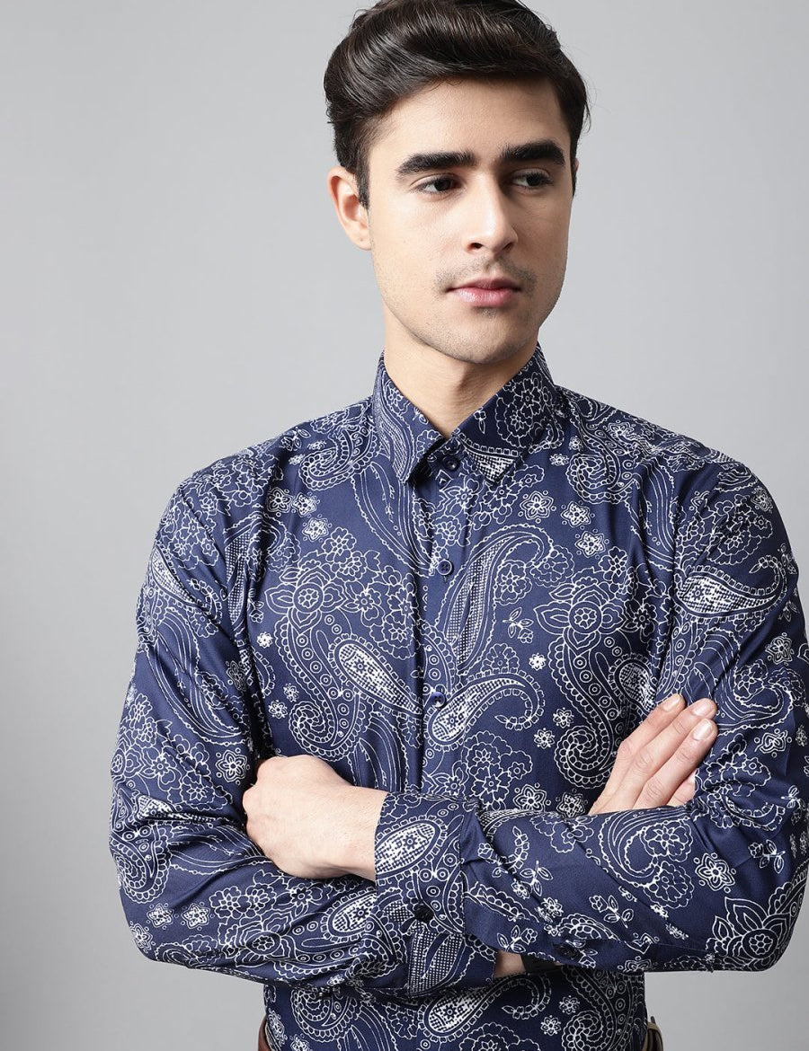 Men Navy Blue Classic Printed Formal Shirt - SF_860Navy_S