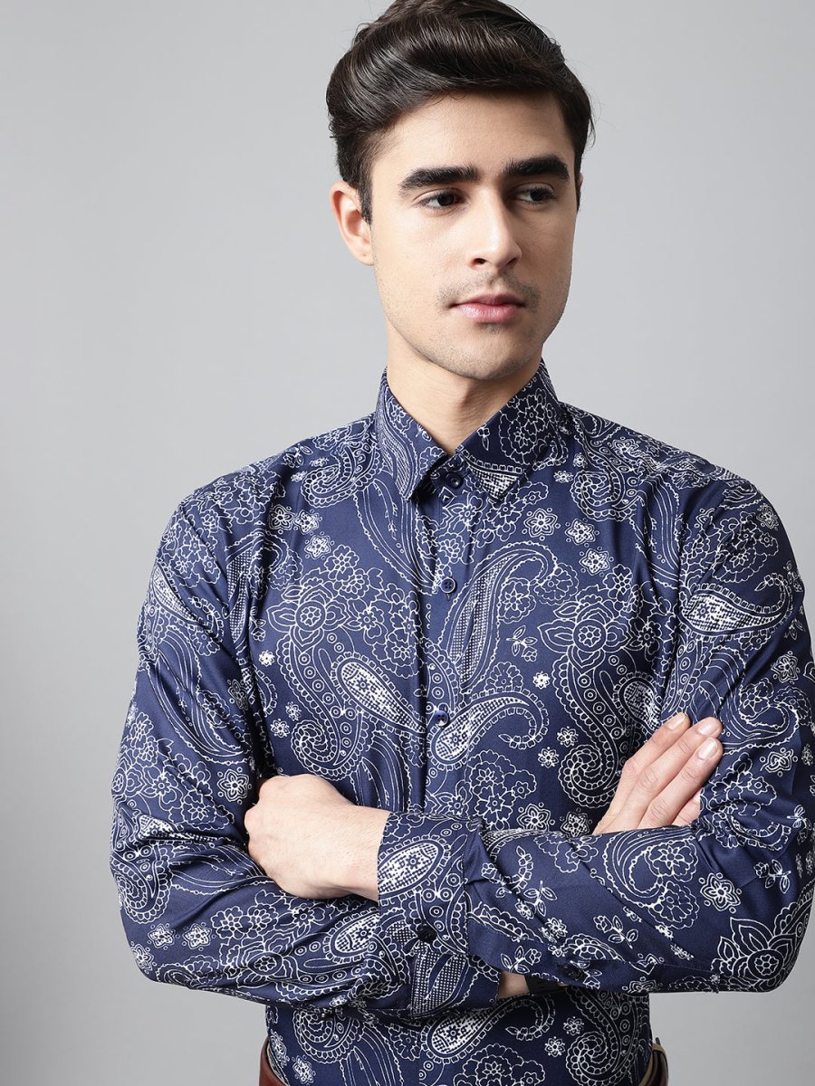 Men Navy Blue Classic Printed Formal Shirt - SF_860Navy_S