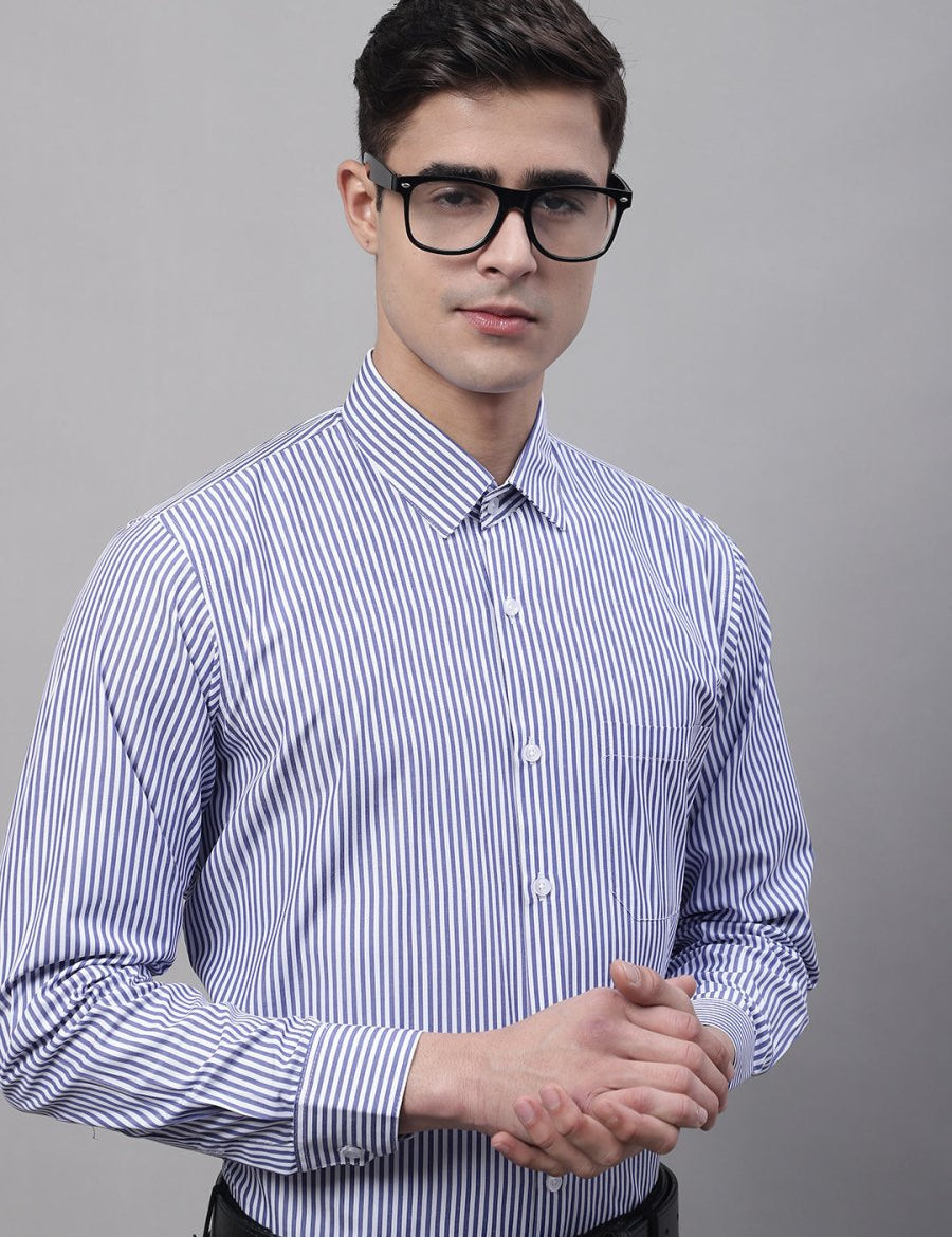 Men Navy Blue & White Regular Fit Striped Formal Shirt - SF_865Navy_S