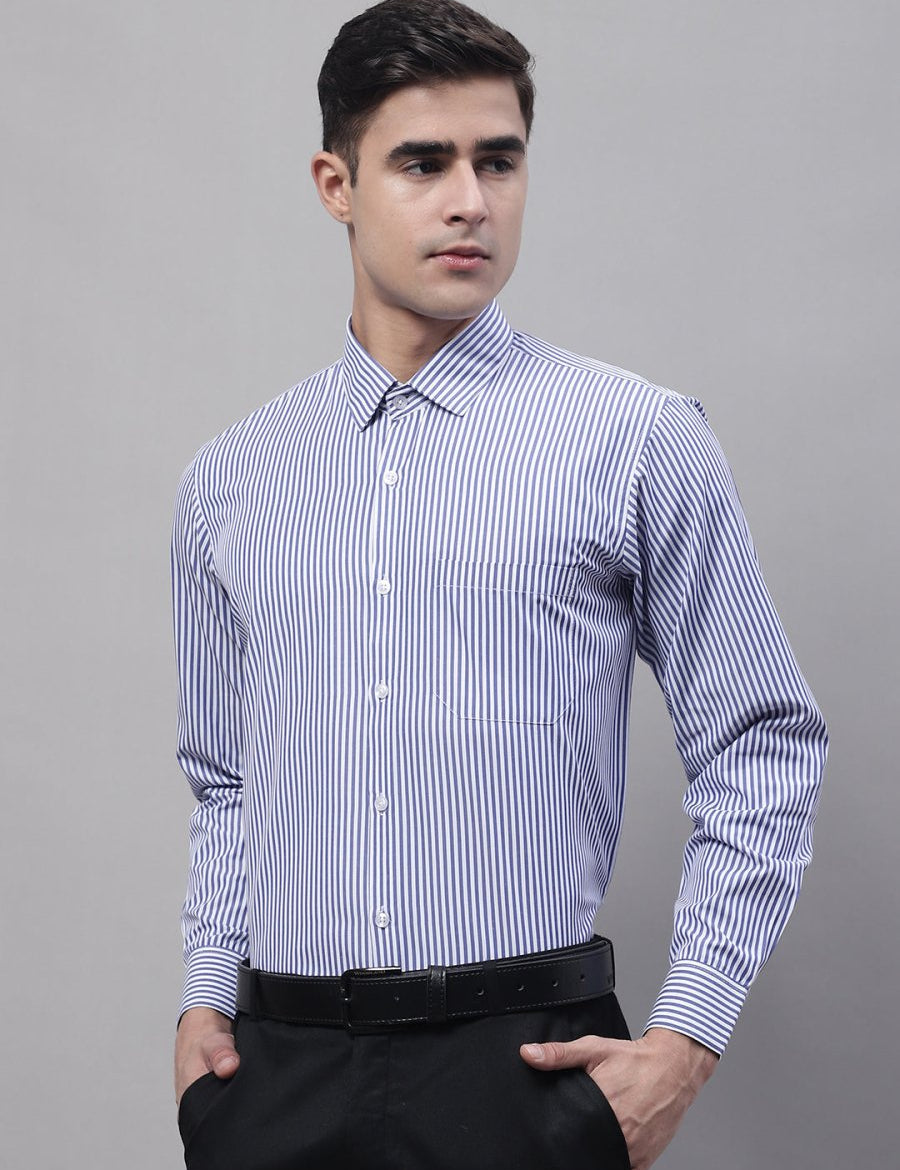 Men Navy Blue & White Regular Fit Striped Formal Shirt - SF_865Navy_S