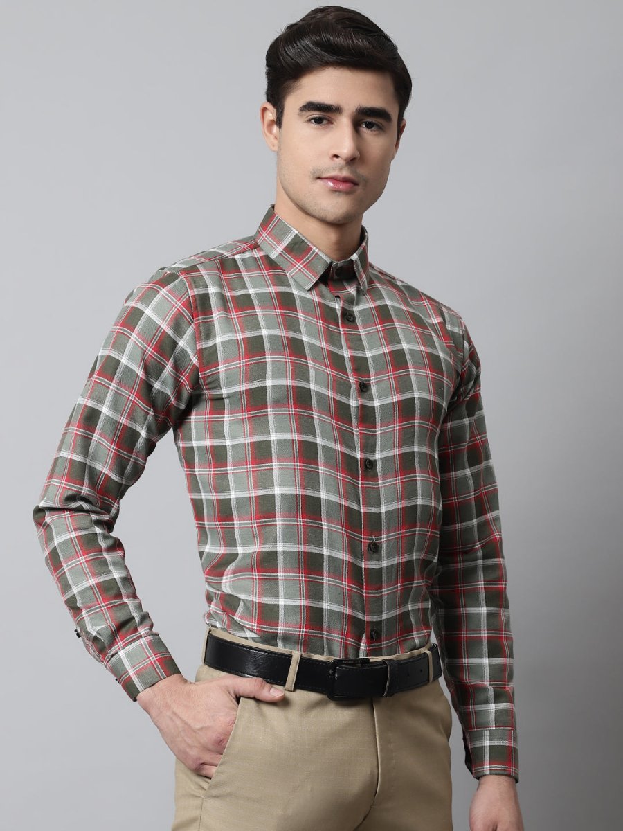 Men Olive and Red Checks Regular Fit Cotton Formal Shirt - SF_854Olive_S