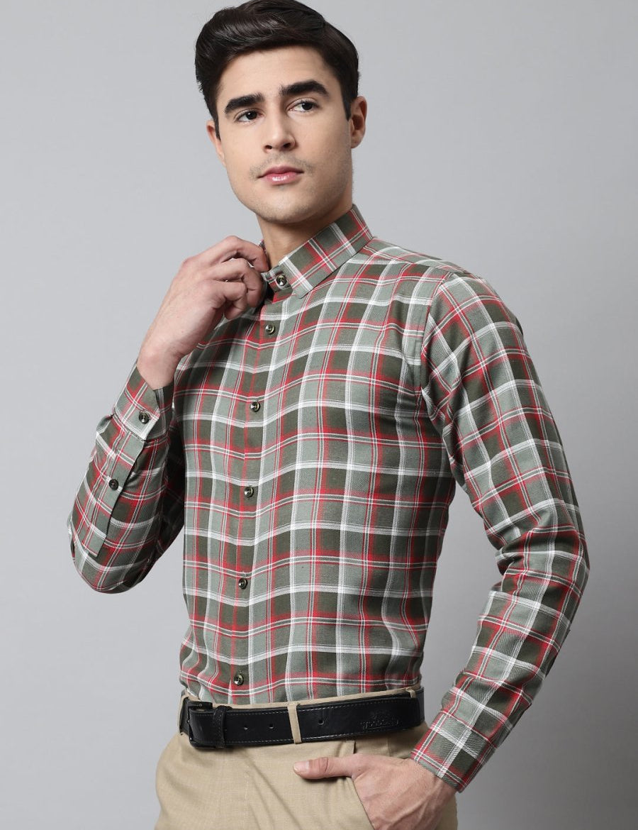 Men Olive and Red Checks Regular Fit Cotton Formal Shirt - SF_854Olive_S