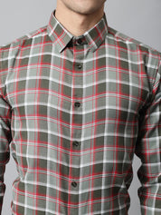 Men Olive and Red Checks Regular Fit Cotton Formal Shirt - SF_854Olive_S