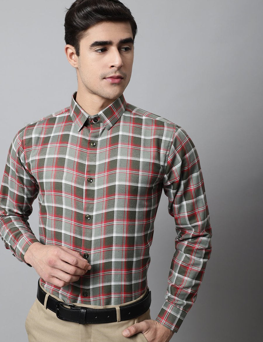 Men Olive and Red Checks Regular Fit Cotton Formal Shirt - SF_854Olive_S