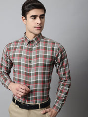 Men Olive and Red Checks Regular Fit Cotton Formal Shirt - SF_854Olive_S