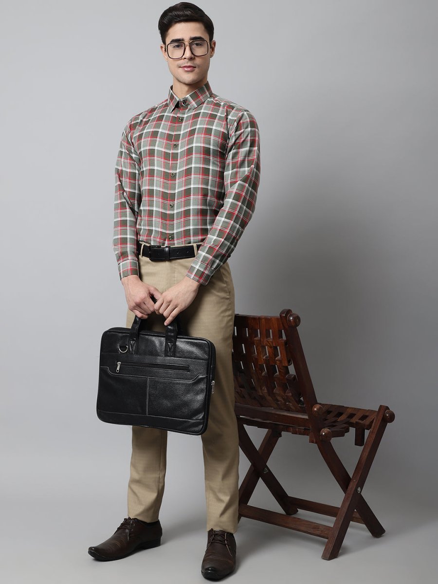 Men Olive and Red Checks Regular Fit Cotton Formal Shirt - SF_854Olive_S