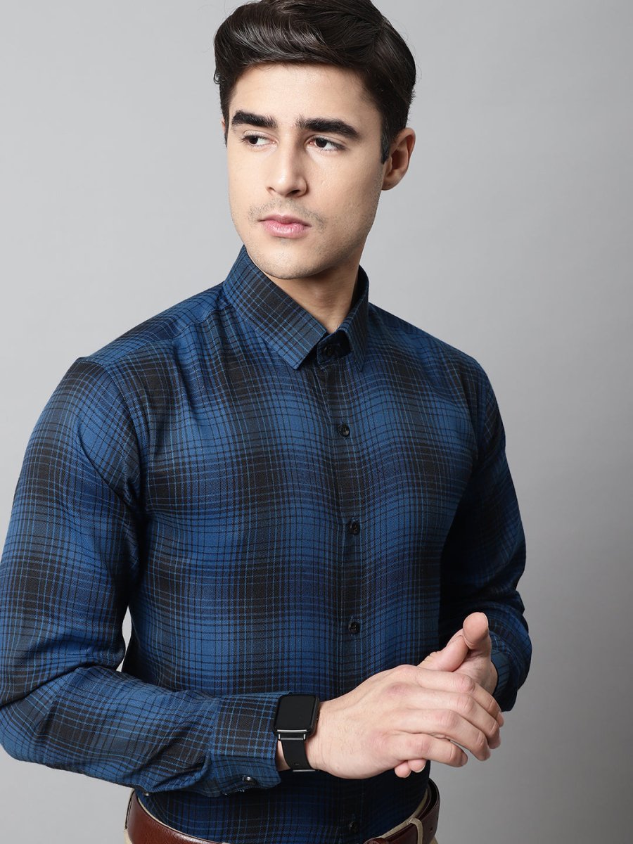 Men Peacock Blue Checks Regular Fit Cotton Formal Shirt - SF_859Peacock_S