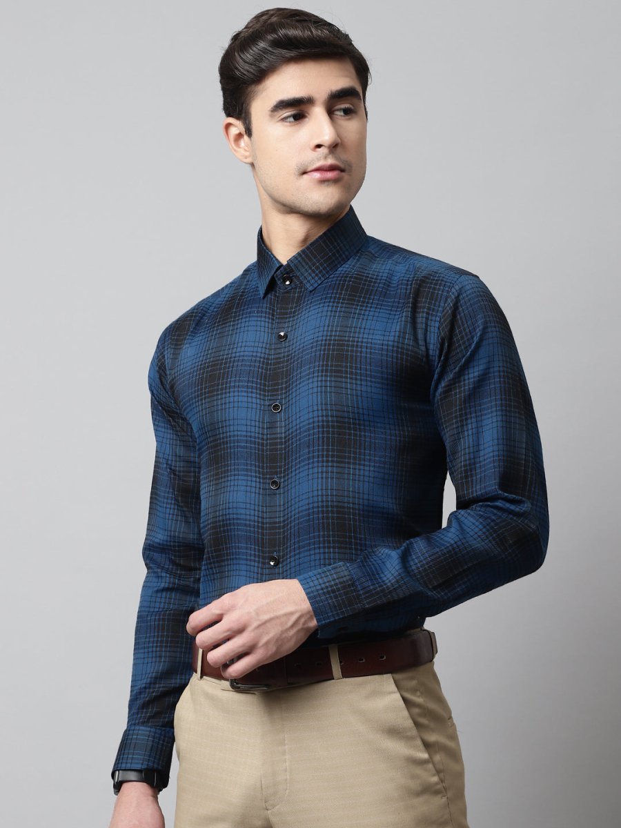Men Peacock Blue Checks Regular Fit Cotton Formal Shirt - SF_859Peacock_S