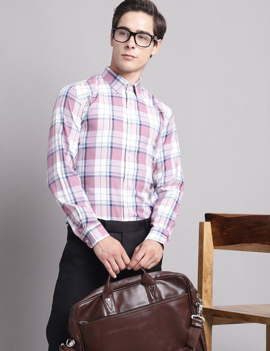 Men Pink Checked Ragular Fit Formal Shirt - SF_884Pink_S
