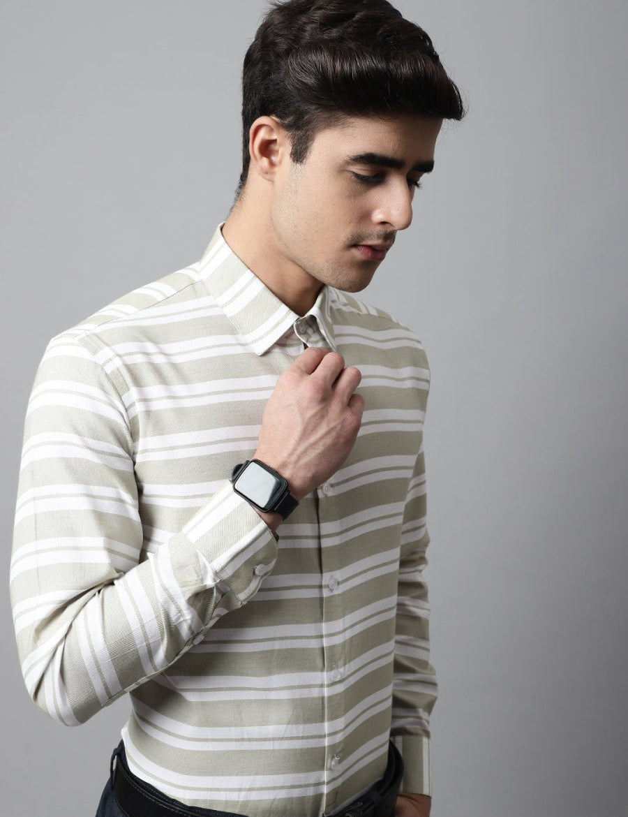 Men Pista Green Classic Horizontal Striped Formal Shirt - SF_850Pista_S