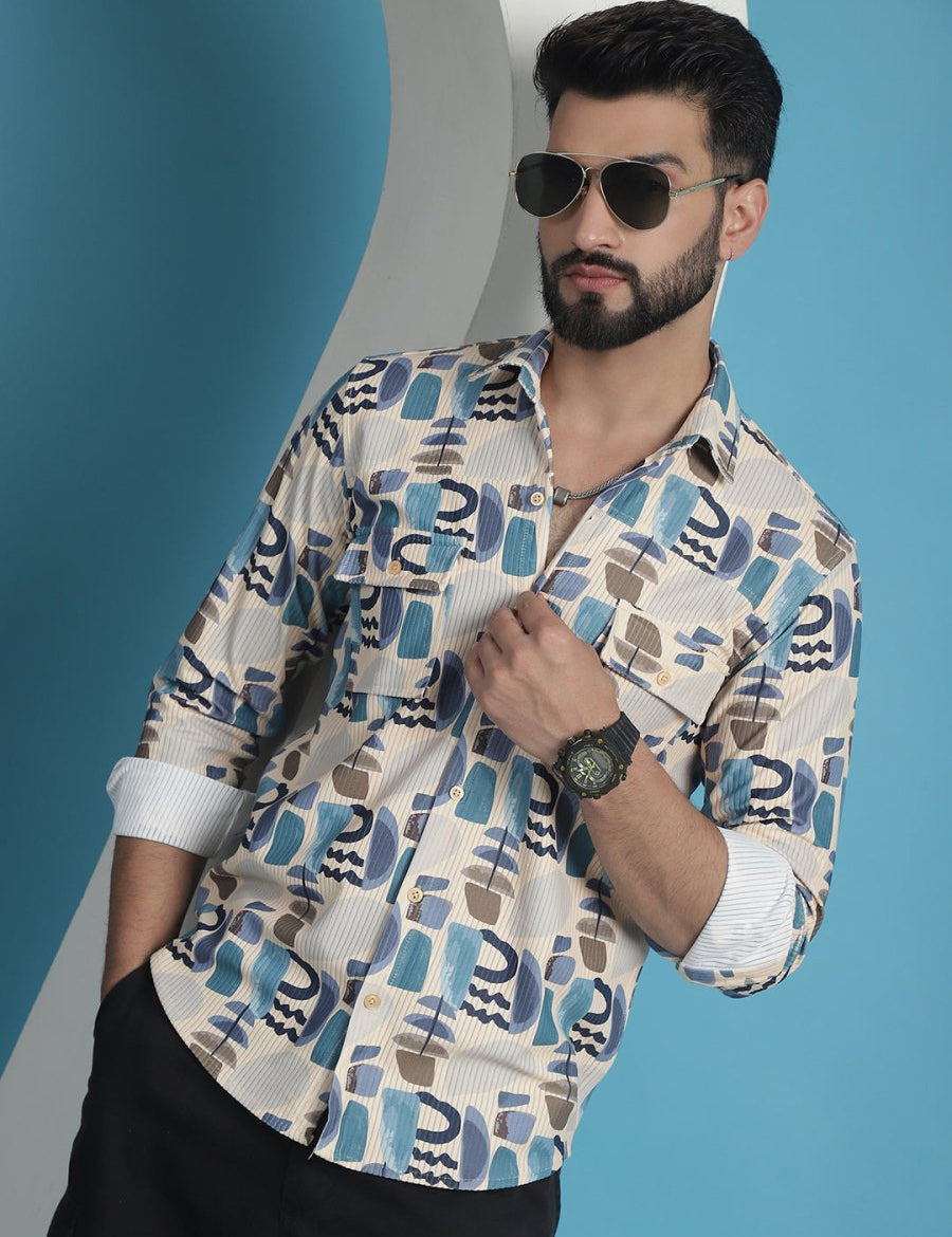 Men Printed Corduroy Cotton Shirt - SF_930Multi_S